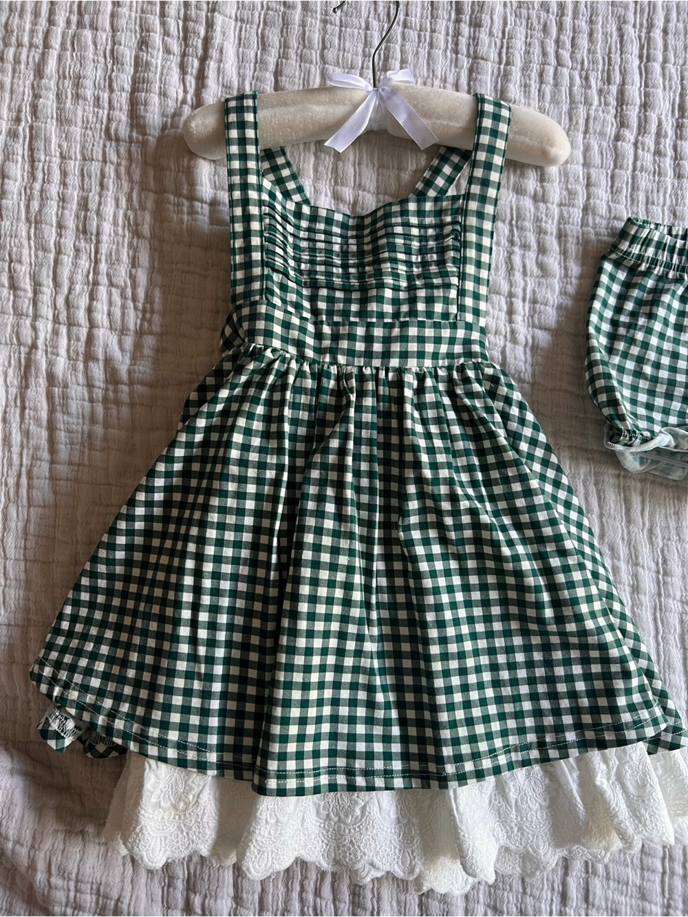 SweetHoney Green and White Gingham Sleeveless Dress with Lace Trim